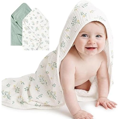 Konssy 2-Pack Muslin Hooded Baby Towels, 100% Cotton, Ultra-Soft & Absorbent Baby Bath Towels with Hood for Newborn & Infant (Green, Leafy,32" x 32")