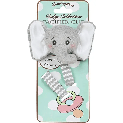 Bearington Collection Baby Pacifier Holder Clip for Baby Girls & Boys | Lil’ Spout Plush Gray Elephant Binkie & Paci Clip | Non Silicone | Satin Leash, Strap, & Binky Clip