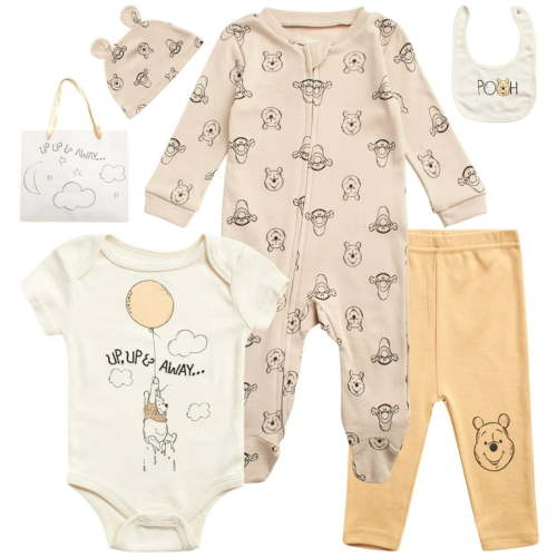 Disney Newborn Baby Layette Set - 6 Piece Disney Bodysuit Coveralls Sweatpants, Hat, Gift Bag (0-6M)