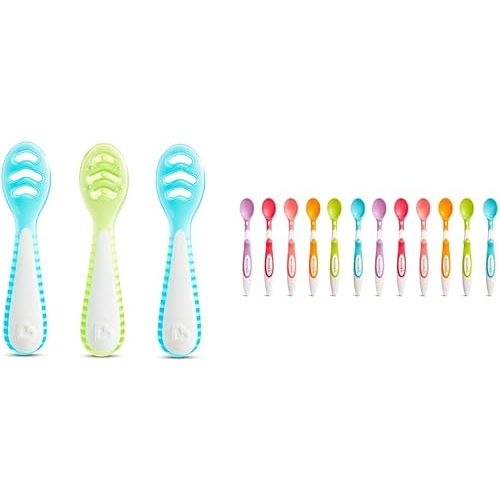Munchkin® Gentle Dip™ Multistage First Spoon Set for Baby Led Weaning, Self Feeding, Solids & Purees, 3 Pack, Blue/Green & Soft Tip™ Infant Spoons, 12 Count (Pack of 1)