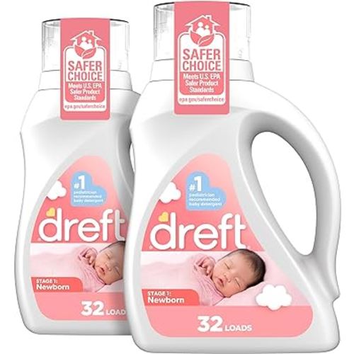 Dreft Newborn Baby Liquid Laundry Detergent, Gentle on Sensitive Skin, HE Compatible, 2 pack, 32 loads each
