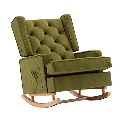 Dolonm Nursery Rocking Chair Upholstered Mid Century Modern Rocker Oversized Wingback Armchair for Living Room with Solid Wood Base (Olive Green)