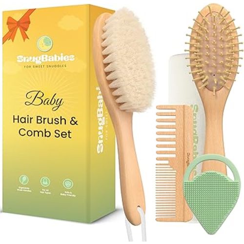 Baby Hair Brush & Comb Set for Newborns - Gentle Goat-Hair & Bamboo Bristle Hairbrushes with Easy Grip Wooden Handles - 5-Pack Baby Brush Set with a Cotton Travel Pouch - Gifts for Boys & Girls