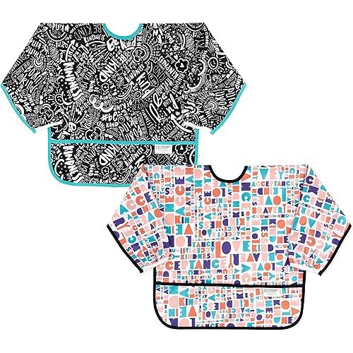 Bumkins Bibs, Baby and Toddler Bib, Bibs for Girls and Boys 6-24 Months, Long Sleeve Bib, Baby Bibs for Eating, Lightweight Waterproof Fabric Sleeved Smock (2-Pack)