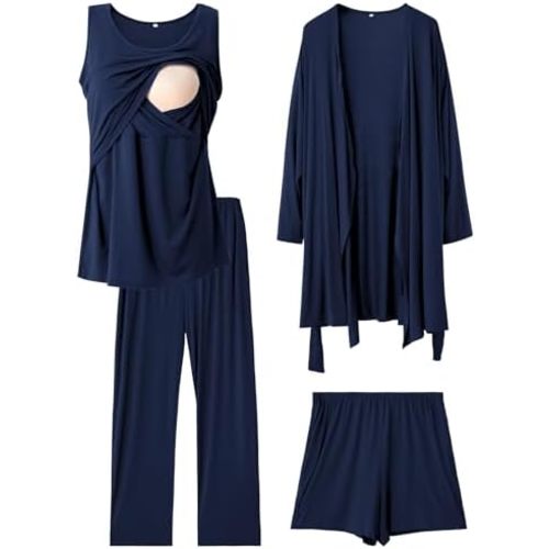 Rnxrbb 4 PCS Nursing Pajamas Gown Set Postpartum Pajama Nightgown Breastfeeding Pj for Hospital Labor Delivery