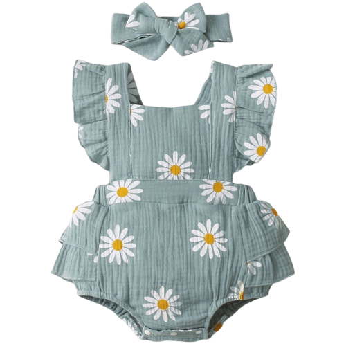 LAPAKIDS Newborn Infant Baby Girl Summer Clothes 6-9 Months Sleeveless Ruffle Romper Headband 2PCS Outfits