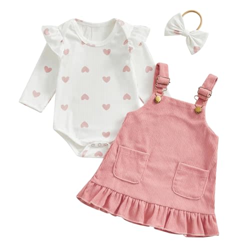 Doisbetthsay Baby Girl Outfits Ruffle Sleeve Knit Ribbed Romper Suspender Skirt Headband Baby Dress Infant Girl Clothes