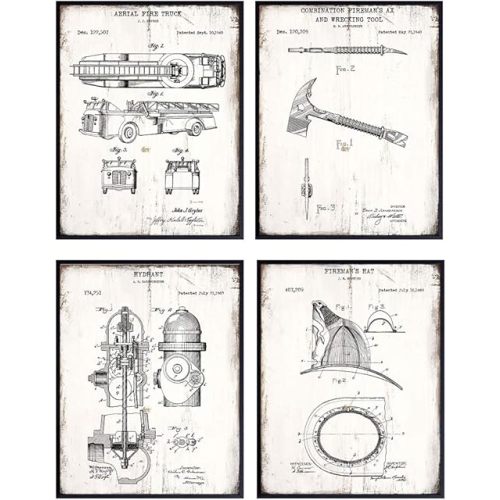 Original Firefighter Patent Print Wall Art Pictures Set - 8x10 Sign Photos for Station House, Living Room Home Decor - Rustic Vintage Gift for Firemen, Fireman, First Responder, EMS