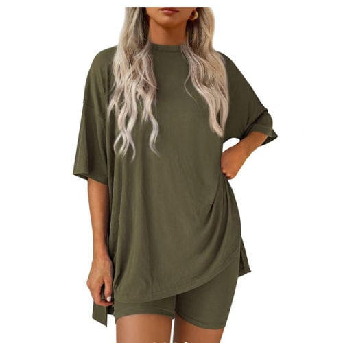 PRETTYGARDEN Women's Two Piece Lounge Set 2025 Summer Casual Oversized Shirts Biker Shorts Matching Airport Travel Outfit