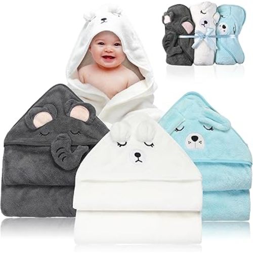 3 Pack Baby Towels Hooded - Ultra Soft Baby Bath Towels, Newborn Baby Essentials, Premium Absorbentand Hypoallergenic Towels for Toddler Baby Boy and Girl (White, Blue, Gray)