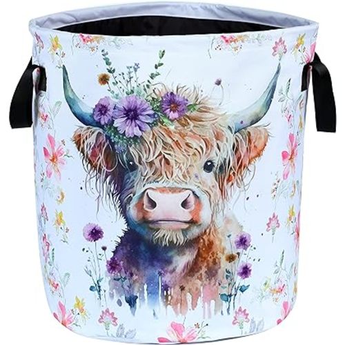 Highland Cow Laundry Basket Foldable Waterproof Oxford Cloth Funny Tote Bag Laundry Hamper Clothes Storage Bucket Toy Organizer For Bathroom/Laundry Storage/Bedroom Storage Basket 17.7x13.7 Inch