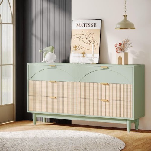 Sealey Mint Green 6-Drawer 55 in. Wide Dresser, Farmhouse Vintage Chest of Drawers with Gold Metal Handle