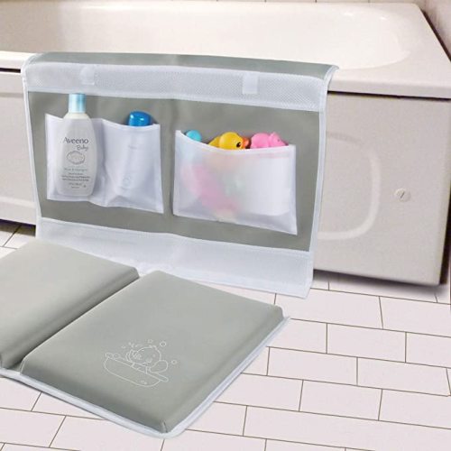 Bath Kneeler and Elbow Rest Pad Set - 1.5" Thick Bath Kneeling Pad with Toy Organizer - Large Safty Kneeler Mat for Tub Bathing and Bathroom Time - Detachable and Foldable Child Bath Tub Mat - Gray
