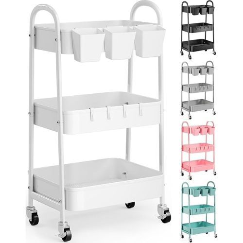 3 Tier Heavy Duty White Metal Rolling Cart with Lockable Wheels, Three Tier Roller Book Snack Cart, Utility Storage Organizer Carts for Kitchen, Bathroom, Garage, Baby Diaper, Craft, Art, Teacher