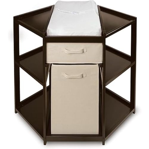 Badger Basket Corner Diaper Changing Table with Laundry Hamper, Storage Bin, and Contoured Pad for Baby - Espresso