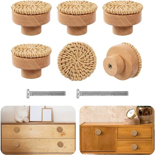 ANPHSIN 12 Pack Boho Wood Dresser Drawer Knobs- Handmade Rattan Woven Cabinet Knobs Pulls Handles with 24 Screws for Home Nursery Furniture