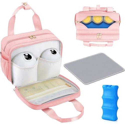PIIOSER Breastmilk Cooler Travel Bag with Ice Pack, Compatible with Wearable Breast Pumps & Accessories - Portable Hands Free Breast Pump Carrying Case for Nursing & Working Moms, Pink