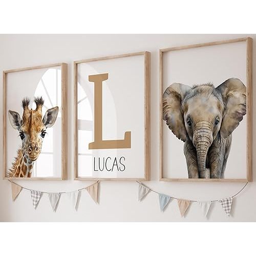 Realistic Safari Animals Set of 3 Unframed Poster Prints for Baby Girl Boy Nursery Bedroom Playroom, Personalized Name in Gray or Brown, Choice of 6 Animals (8x10)