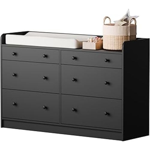 Cozy Castle Baby Dresser with 6 Drawers and Large Table Top, Multi-Functional Chest of Drawer, Drawer Dresser with Three-Sided High Rails for Nursery, Children's Room, Bedroom, Black