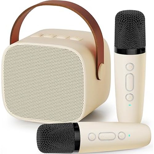 Mini Karaoke Machine for Kids, 2025 Top Christmas Birthday Gifts for 4, 5, 6, 7, 8, 9, 10, 12+Years Old Girls Boys Grandkids, Party Portable Bluetooth Speaker with 2 Wireless Microphones (Beige)
