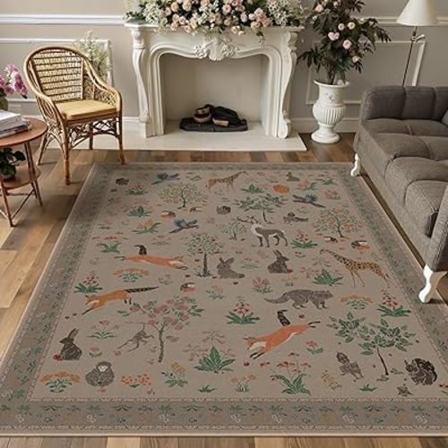 Woodland Animal Rug 5x7 Washable Area Rug Soft Low Pile Non Slip, Nature Inspired Large Carpet for Living Room, Kids Playroom, Nursery, Office (Light Taupe, 5'x7')