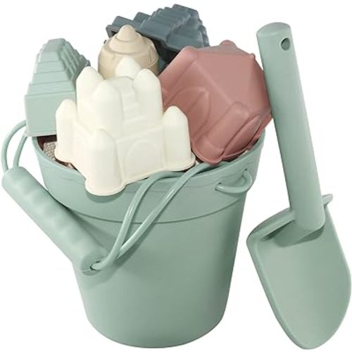 Santoy Silicone Beach Toys for Kids，Baby Beach Set for Summer，5 Sand Molds，Sand Castle, Bucket Shovel for Toddlers by The Sea, Travel Beach Sand Toys for Endless Sandy Fun(Mint Green)