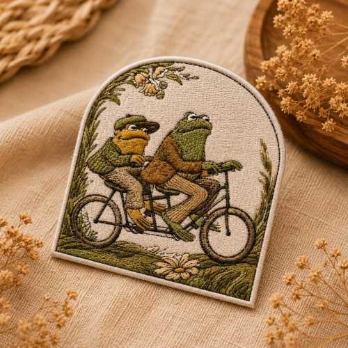 Frog and Toad Embroidered Patch Cottagecore Frog Bicycle Badge, Whimsical Nature Iron On Patch, Book Lover Sew On Applique