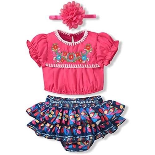 HINTINA Infant Baby Girl Mexican Embroidery Floral Shorts Outfits Ethnic Wear Cinco De Mayo Fiesta Clothes Set