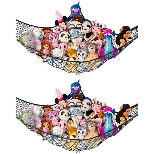 Lilly's Love Stuffed Animal Hammock | Corner Hanging Organizer, Stuffed Animal Storage | Easy to Hang Plushie Net w/Included Anchors & Hooks | Cute Room & Bedroom Decor (Black, 2 Pack)