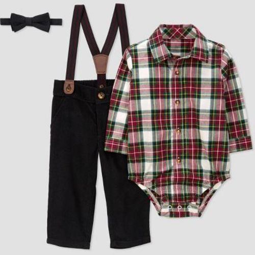 Carter's Just One You®️ Baby Boys' Plaid Suspender 3pc Top & Bottom Set - Red/white 18m