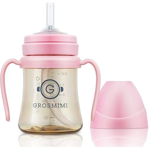 GROSMIMI Spill Proof no Spill Magic Sippy Cup with Straw with Handle for Baby and Toddlers, Customizable, PPSU, BPA Free 6 oz (Pink)