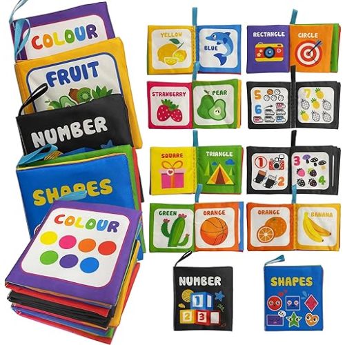 Soft Cloth Baby Book Toy Pack of 4, White Black Colorful, Touch & Feel, Crinkle Book, Early Educational Toy for 0-6 Months, Colour, Fruit, Number, Shape Themes