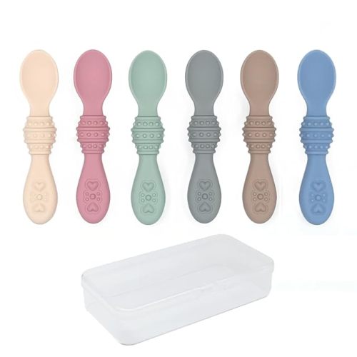 Elk and Friends Silicone Baby Spoons | Travel Case Included | First Stage Infant Toddler Spoon | Baby Led Weaning Stage | Dishwasher Safe - Blush/Sage/MistyBlue/Ivory/Tan/Gray incl container