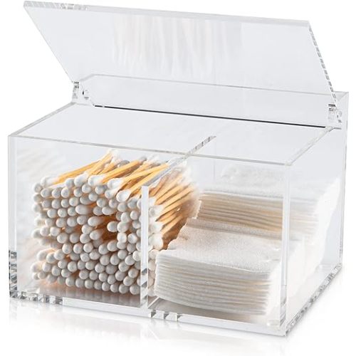 Clear Acrylic Cotton Swab Ball Holder Qtip Organizer with Lid 2-Grid Canister for Make Up Pads, Floss Picks, Vanity Storage,Bath Salts, Cosmetics, Home Bathroom Decor (DP004)