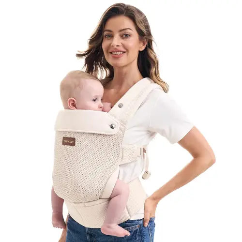 Momcozy Breathable Baby Carrier, Ergonomic and Lightweight Infant Carrier for 7-45lbs with Enhanced Lumbar Support, All Day Comfort for Hands-Free Parenting, Air Mesh-Apricot