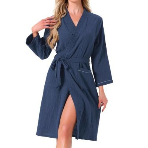 INSPIRE CHIC Women's 100% Cotton Soft Robe Long Sleeve V-Neck Loungewear with Pockets Bathrobe