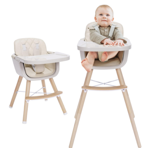3-in-1 Convertible Wooden High Chair, High Chairs for Babies and Toddlers, Baby High Chair with Adjustable Legs & Dishwasher Safe Tray, Made of Sleek Hardwood & Premium Leatherette, Beige Color