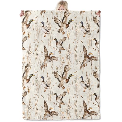 ICAAV Mallard Duck Flannel Blanket 50x60in,Flying Ducks and Wild Grasses on Beige Background,Soft Lightweight Throw for Men,Nature Lovers,Farmhouse Rustic Autumn Decor Gifts Blankets
