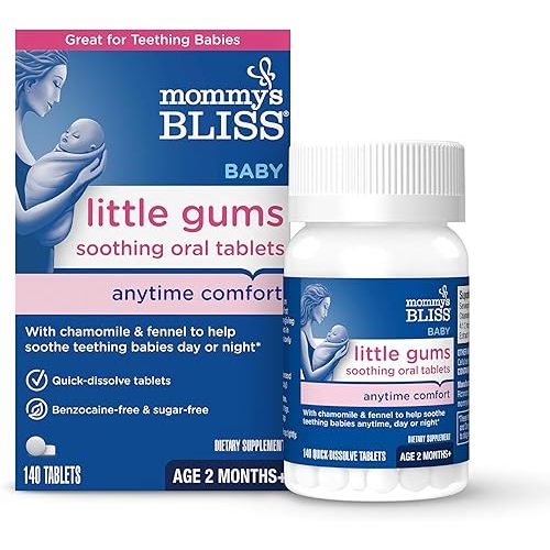 Mommy's Bliss Little Gums Soothing Oral Tablets, Great for Teething Babies, Benzocaine-Free & Sugar-Free, 2 Months+, 1 Bottle (140 Tablets)