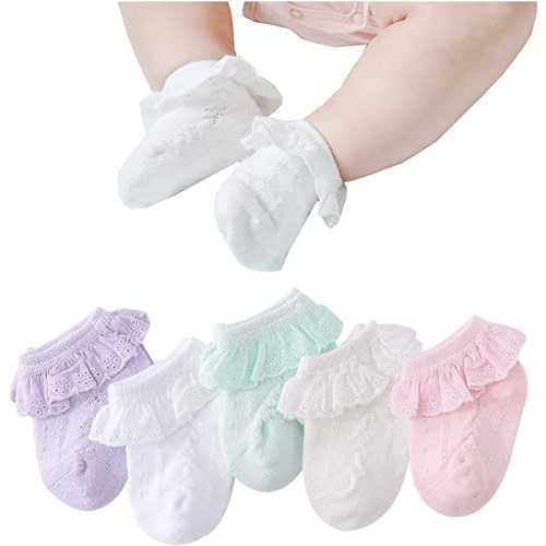 Marchare Baby Lace Socks 3/5/6 Pack Baby Girls' Ruffle Socks Eyelet Princess Cotton Socks 0-3/3-6/6-12/12-36 Months - 3-6 Months - White/Cream/Pink/Purple/Mint,5 Pack