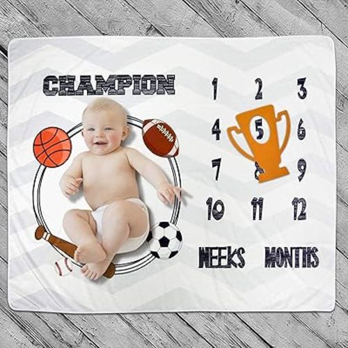 Baby Monthly Milestone Blanket Photo Prop for Newborn Growth Photography Football Baseball Basketball Soccer Champion Sports Month Blanket
