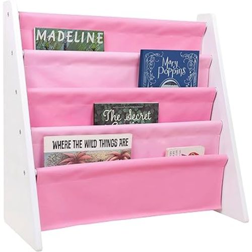 Wildkin Vegan Leather Sling Bookshelf for Kids – Premium Easy Clean Sling Canvas Design with 4 Fabric Shelves, Organizer for Home or Classroom - White w/Multi-Pink
