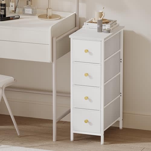 Fixwal Narrow Storage Cabinet, Narrow Nightstand Dresser with 4 Drawers, Slim Fabric Dresser Storage Tower for Small Spaces, White Dresser, for Bedroom, Bathroom, Laundry, Closet