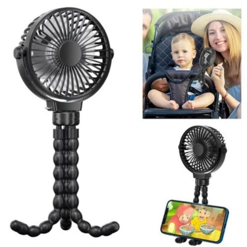 Link Portable Battery Operated Stroller Fan 3 Speeds Hanging Loop Personal 720° Fan Detachable Tripod Stand Great For Home Office Dorms & More - Black