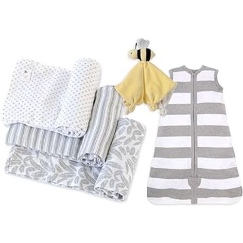 Burt's Bees Baby Unisex Baby Gift Set - Beekeeper Wearable Blanket, 3-Pack Muslin Swaddle Blankets & Plush, Organic Cotton Essentials Bundle