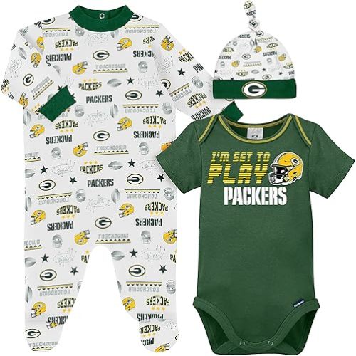 Gerber NFL Green Bay Packers 3 Pack Bodysuit Sleep n Play Footie Cap Registry Gift Set, blue/white Green Bay Packers, 3-6M