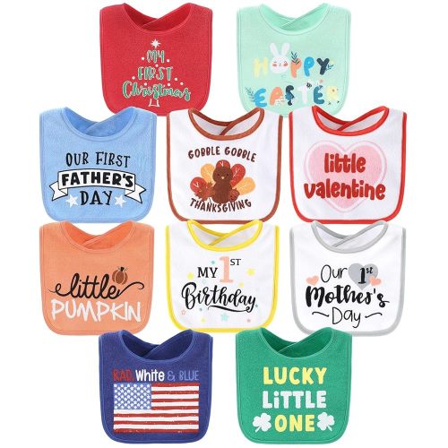 The Peanutshell Baby Boy or Girl Terry Bibs Set of 10-100% Cotton, Soft, Absorbent Baby Bibs, Unisex Toddler Boy or Girl Set, Newborn & Infant - Holiday