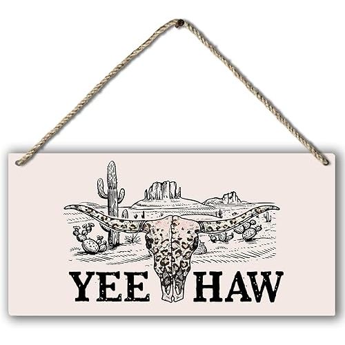 Retro Western Yeehaw Leopard Bull Skull Cactus Desert Landscape Printed Wood Plaque Sign Wall Hanging,Rustic Hanging Wall Signs for Western Home College Dorm Decor 12 x 6 Inches