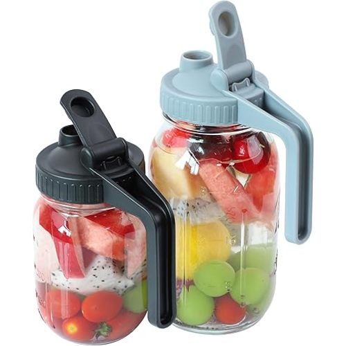 Mason Jar Pour Spout Lids With Handle Regular Mouth Mason Pitcher Lid With Flip Cap, Airtight & Leak-Proof Pour And Store Cover (Jar Not Included)