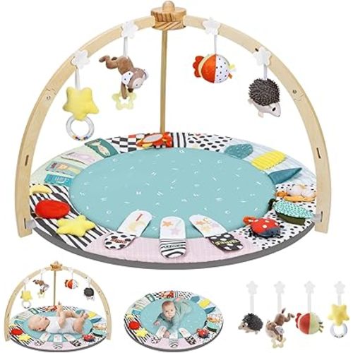 Baby Play Gym,6 Developmental Zones Tummy Time Mat, Wooden Baby Play Gym Mat with 7 Detachable Sensory Toys for Newborn Brain Development, Essential Baby Shower Set, Green